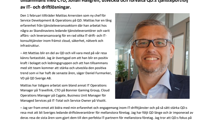 QD rekryterar Mattias Arnersten som ny chef för Service Development & Operations