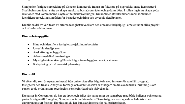 Concent söker fastighetsutvecklare