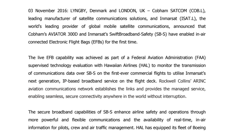 Cobham SATCOM: Cobham and Inmarsat solutions enable in-air Electronic Flight Bag connectivity for the first time with Hawaiian Airlines