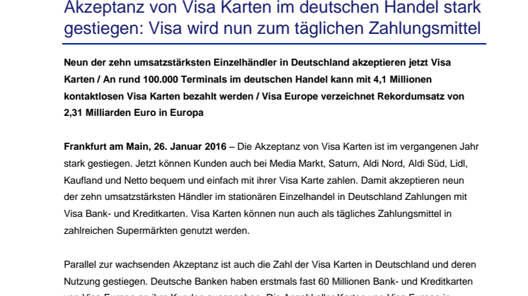 Akzeptanz von Visa Karten im deutschen Handel stark gestiegen: Visa wird nun zum täglichen Zahlungsmittel