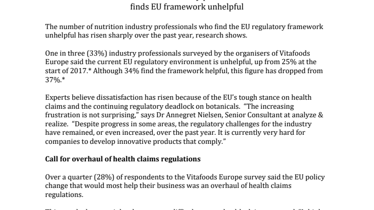 PRESS RELEASE - Regulation frustration:  One in three industry professionals finds EU framework unhelpful 