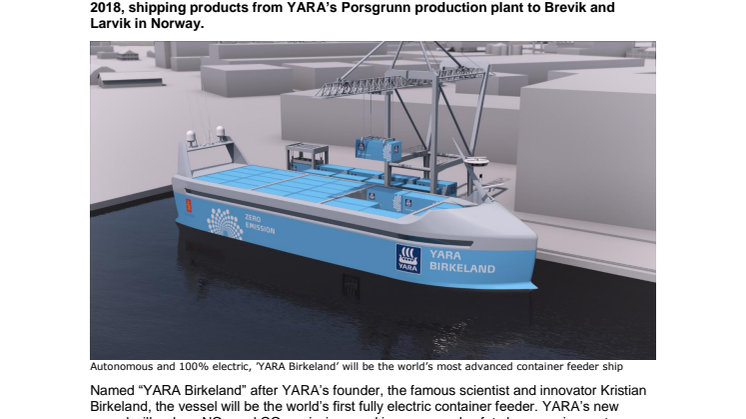 YARA and KONGSBERG enter into partnership to build world’s first autonomous and zero emissions ship