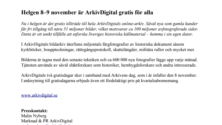 Helgen 8–9 november är ArkivDigital gratis för alla