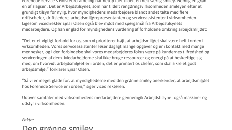Arbejdstilsynet grønstempler Forenede Service i Holstebro