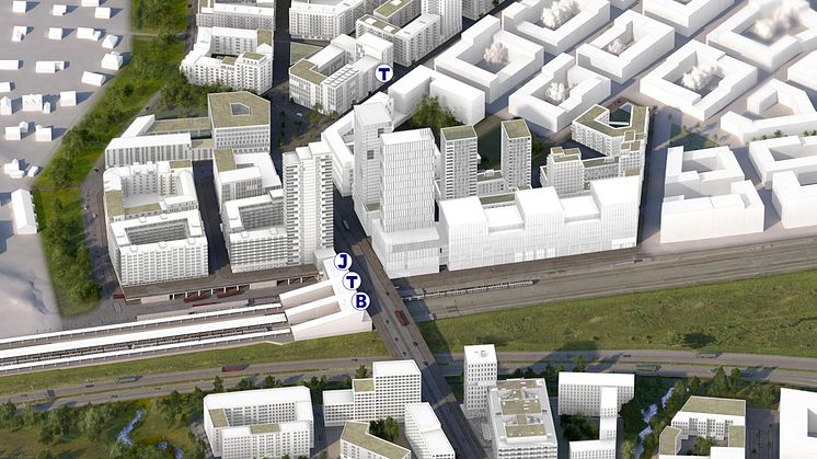 Visionsbild över Veddesta efter omvandlingen till stadsmiljö. Illustration: AIX Arkitekter.