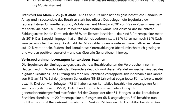 ​Visa Mobile Payment Monitor 2020: Kontaktloses und mobiles Bezahlen im Aufschwung