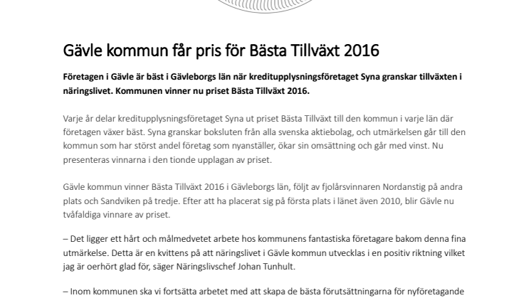 Gävle kommun får pris för Bästa Tillväxt 2016