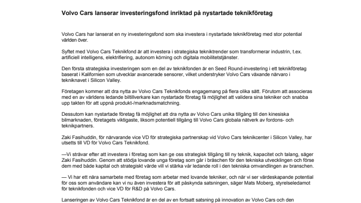 Volvo Cars lanserar investeringsfond inriktad på nystartade teknikföretag