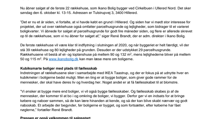 Ny begynder Ikano Bolig salget af rækkehuse i Hillerød