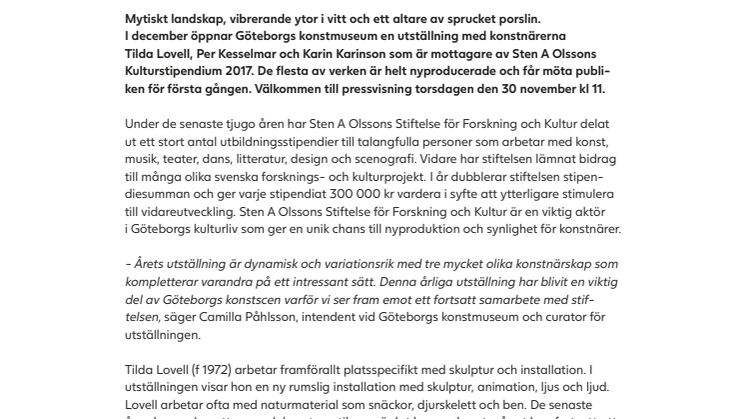 Pressvisning: Sten A Olssons Kulturstipendiater 2017 ställer ut på Göteborgs konstmuseum