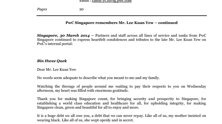 PwC Singapore remembers Mr. Lee Kuan Yew – continued