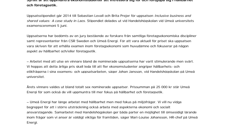 Umeå Energi delar ut uppsatsstipendium i samarbete med Handelshögskolan
