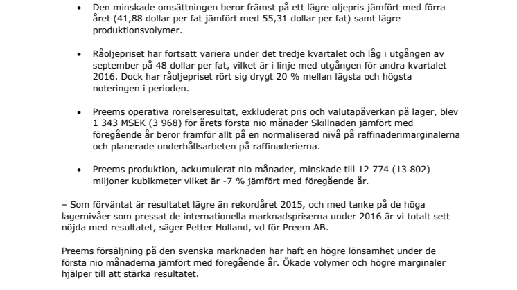 Delårsrapport januari-september 2016: Stabil lönsamhet i tredje kvartalet