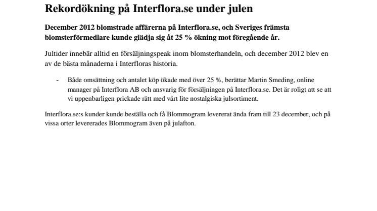 Rekordökning på Interflora.se under julen 