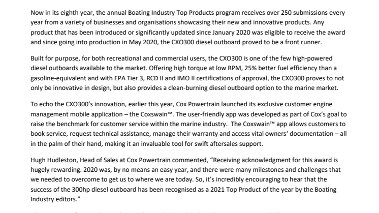 Cox Powertrain receives Boating Industry’s 2021 Top Product award
