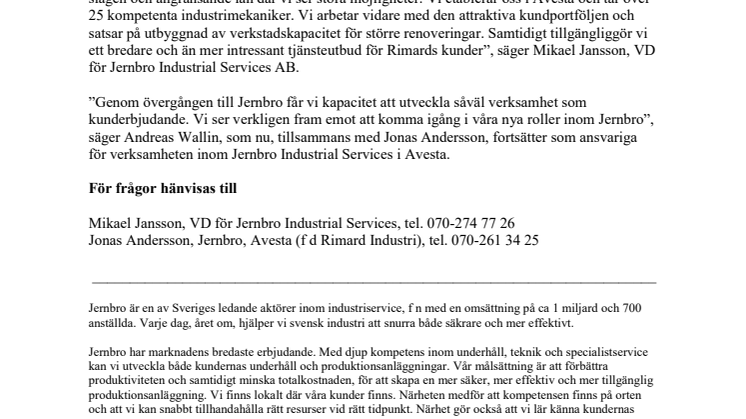 Jernbro Industrial Services förvärvar verksamheten inom Rimard Industri i Avesta 
