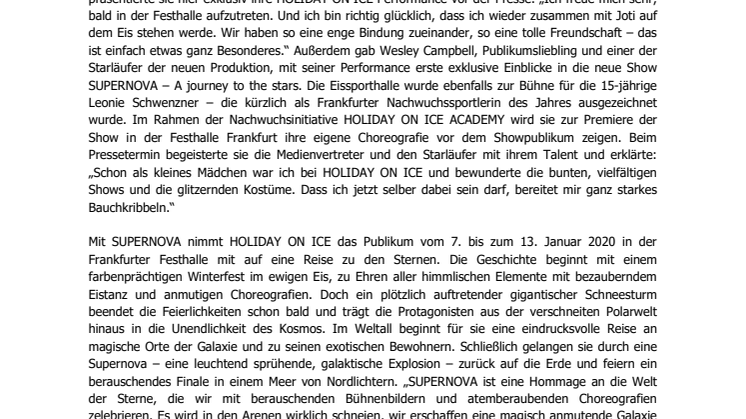 Gaststar Sarah Lombardi stellt mit HOLIDAY ON ICE Hauptdarsteller Wesley Campbell neue Show SUPERNOVA in Frankfurt vor