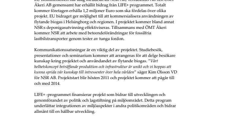 NSR AB och partners erhåller EU bidrag på 1,2 Miljoner Euro.