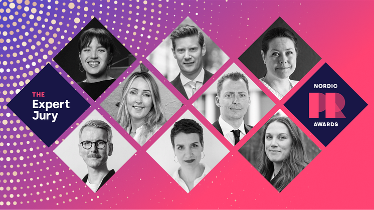 The expert jury for Mynewsdesk's Nordic PR Awards 2023 consist of (from top left) Hilde Tunge, Hampus Knutsson, Tale Olivia Henningsen, Matilda Wiechel, Jesper Anderssen, Adam Karseland, Åsa Blomberg and Matilda Adelborg. 