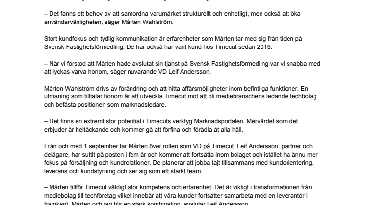 Timecut rekryterar ny VD från Svensk Fastighetsförmedling