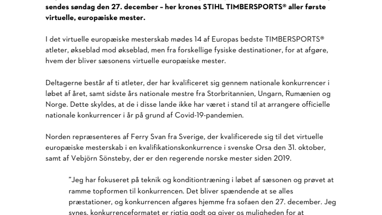 STIHL TIMBERSPORTS® AFHOLDER SIT FØRSTE VIRTUELLE EUROPÆISKE MESTERSKAB