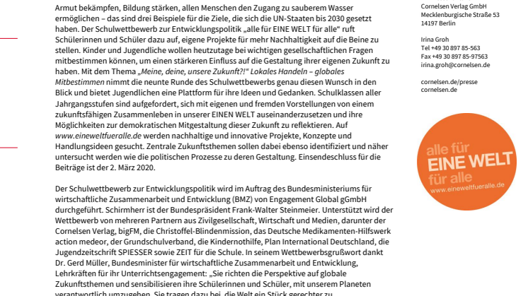 Cornelsen unterstützt Schulwettbewerb „alle für EINE WELT für alle“/ Bundesentwicklungsminister Dr. Gerd Müller gibt Startschuss 