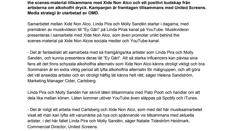 Xide Non Alco i spännande samarbete med Linda Pira & Molly Sandén - släpper låt och musikvideo tillsammans
