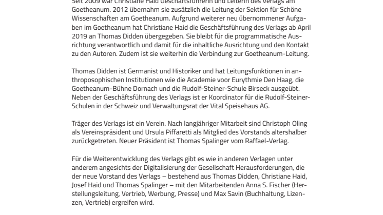 Neue Geschäftsführung im Verlag am Goetheanum