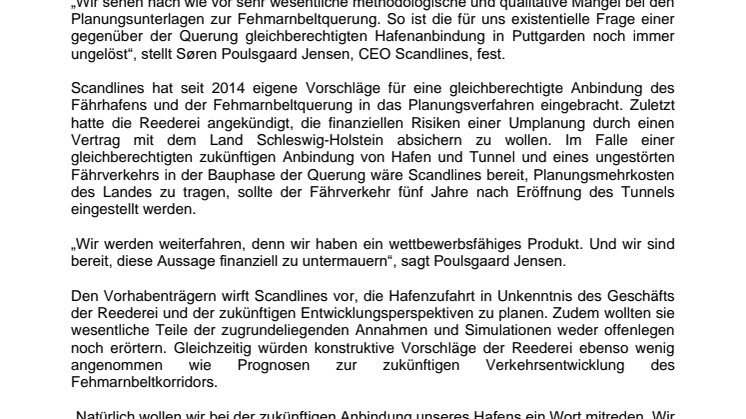 Scandlines: Fähre und Tunnel müssen gleichbehandelt werden
