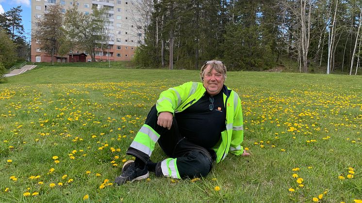 Dennis Cronlund, miljövärd, i en av Botkyrkabyggens insektsrestauranger. Foto: Botkyrkabyggen
