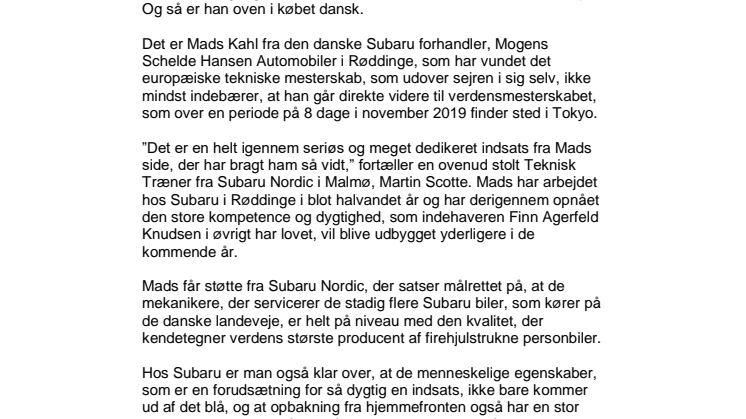 Dansk Subaru mekaniker vinder EM – nu venter VM