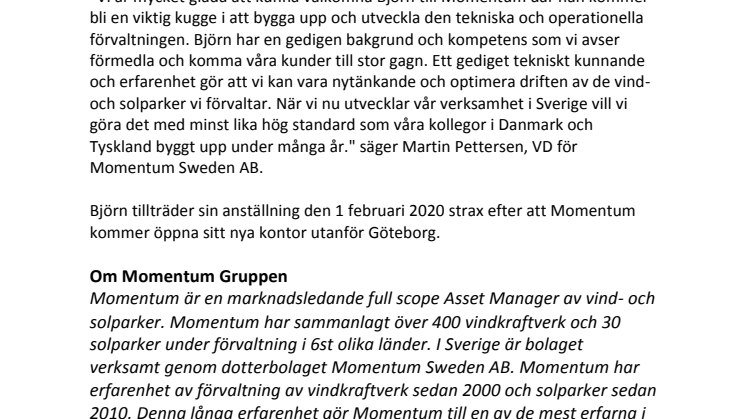 Momentum Gruppen anställer chef för Teknisk Förvaltning i Sverige