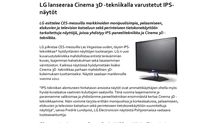 LG lanseeraa Cinema 3D -tekniikalla varustetut IPS-näytöt