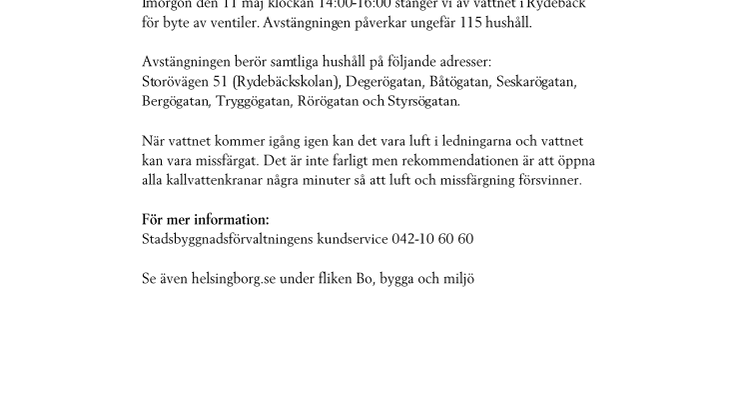 Vattenavstängning i Rydebäck den 11 maj