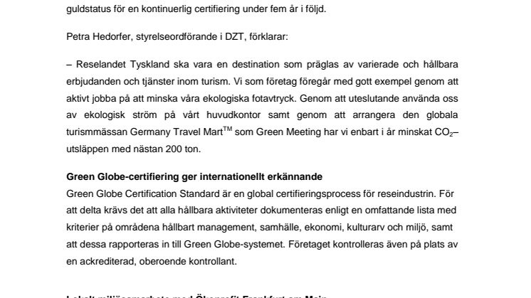 DZT uppnår guldstatus vid Green Globe-certifieringen