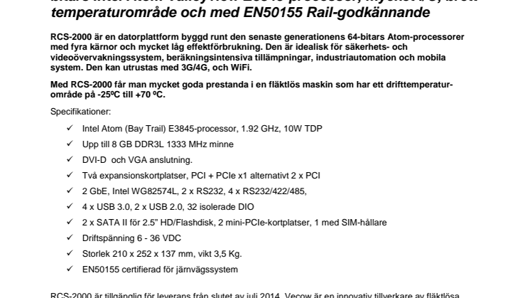 Vecow RCS-2000 – en fläktlös industri-PC med EN50155 Rail-godkännande
