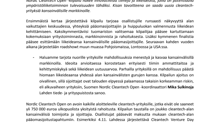 Parhaita cleantech-liikeideoita haetaan pohjoismaisessa kilpailussa