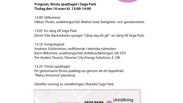 Program och karta - första spadtaget i Sege Park 10/3