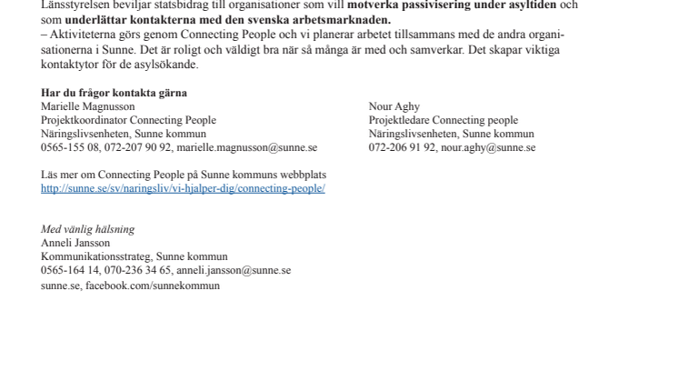 Statsbidrag till aktiviteter för asylsökande i Sunne