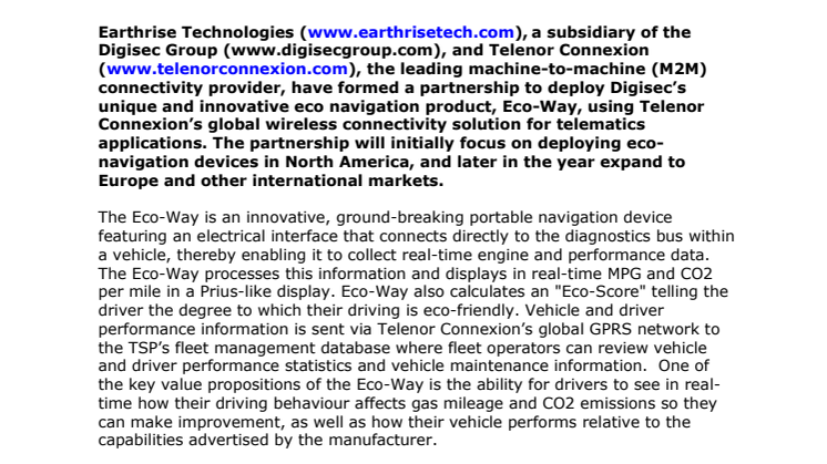 Earthrise Technologies and Telenor Connexion partner to launch first connected Eco-Navigation device 