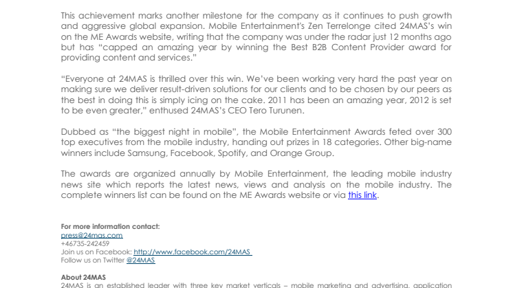 24MAS wins Best B2B Content Provider at prestigious Mobile Entertainment Awards 2011