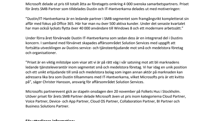 Microsoft utser Dustin och IT-Hantverkarna till årets SMB Partner