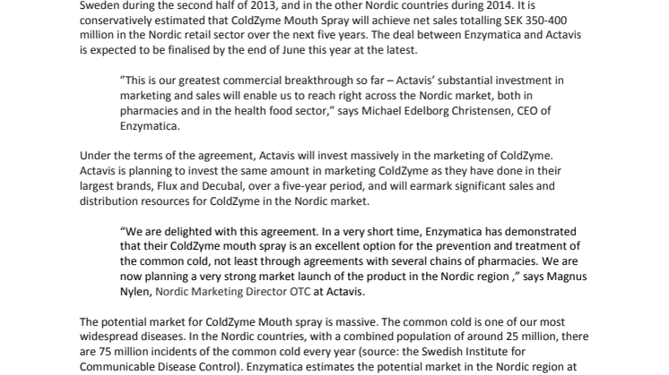 Enzymatica signs agreement with Actavis for ColdZyme in the Nordic region 