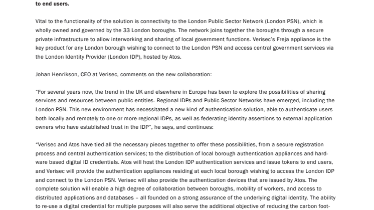 Verisec and Atos Initiate Collaboration and Provide Greater London with Strong Authentication