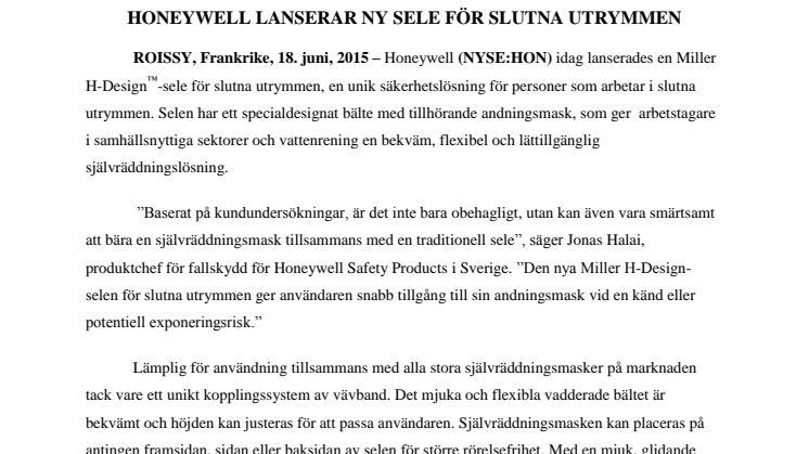 Honeywell lanserar ny sele för slutna utrymmen 
