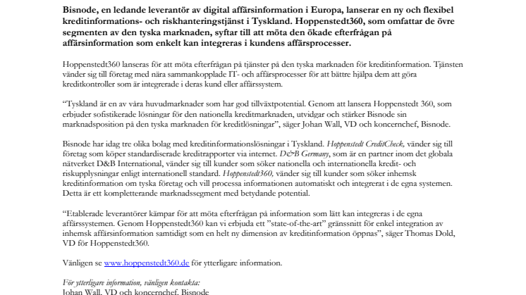 Bisnode lanserar nytt kreditinformationsföretag i Tyskland