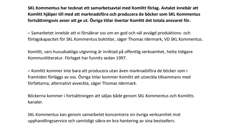 Samarbetsavtal mellan SKL Kommentus och Komlitt förlag