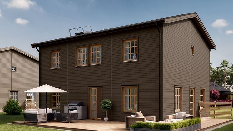 Kv Hällmarken - 3D-bild av de fristående 2-planshusen i etapp 1