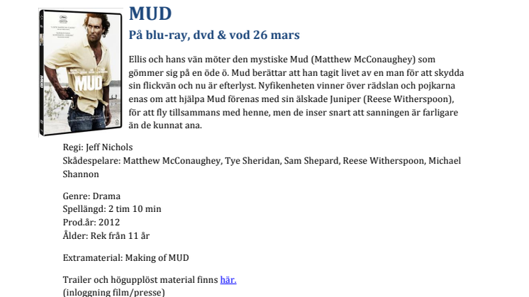 MUD, The Death of Charlie Countryman och Farväl till maffian - tre filmtips på blu-ray & dvd i mars
