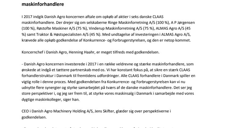 ​Danish Agros uppköp av sex maskinhandlare i Danmark godkänt av konkurrensverket